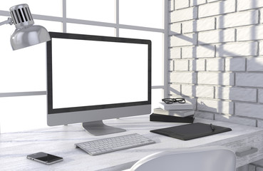 Fototapeta premium 3D illustration PC screen on table in office, Workspace