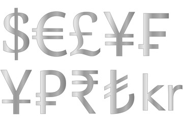 Silver Currencies Symbols Dollar Euro Pound Yen Swiss Franc Yuan Ruble Rupee Turkish Lira Krone