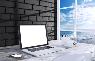 Fototapeta premium 3D illustration PC screen on table in office, Workspace