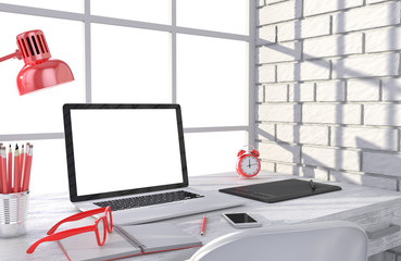 3D illustration laptopand work stuff on table near brick wall