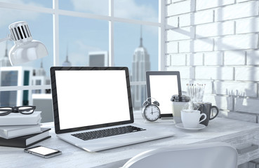 3D illustration laptopand work stuff on table near brick wall