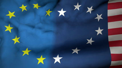 Flag with Eu and Usa flag with stars making heart shape. Friendship and partnership between Eu and United States of America.