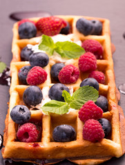 Waffles with blueberry and raspberry