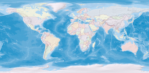 World map in WGS84 projection with countries colored and relief shading