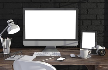 Fototapeta premium 3D illustration PC screen on table in office, Workspace