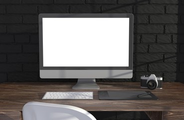 Fototapeta premium 3D illustration PC screen on table in office, Workspace