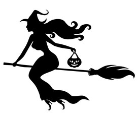 Beautiful sexy witch with broom silhouette