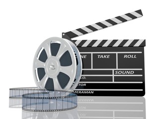 3d illustration of cinema clap and film reel, over white