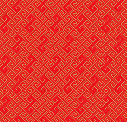 Golden seamless Chinese lattice spiral line S shape geometry pattern background.
