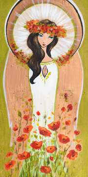 Beautiful angel with flowers hand painted on a wood.