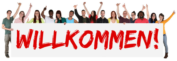 Willkommen multikulturell Gruppe junge Leute People halten Schil
