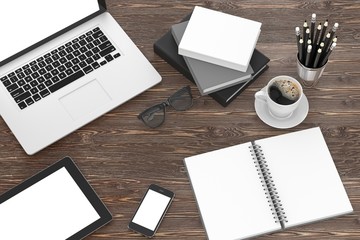 laptop and office stuff, workplace, top view