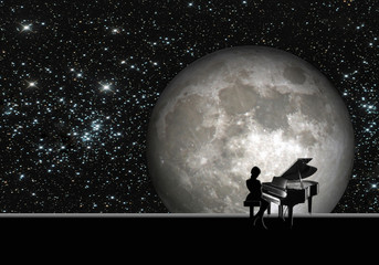 Música, mujer tocando el piano, luna llena, fondo, 3D - obrazy, fototapety, plakaty