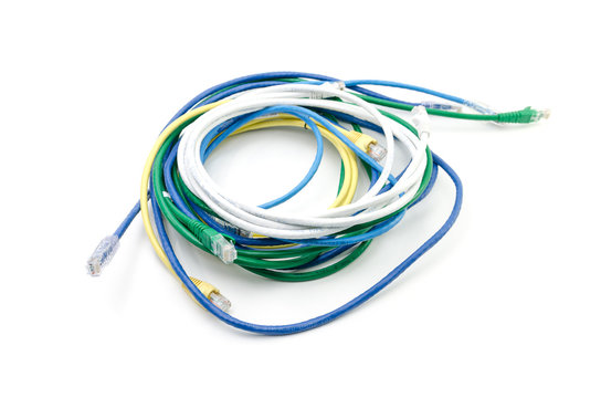 closeup of network cable with jack, isolated on white