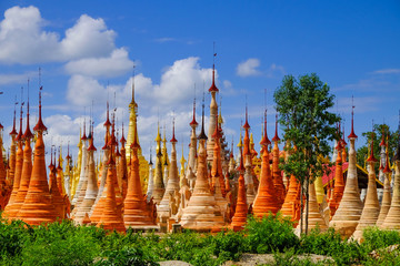 Scenic view of colorufl pagodas in Indein village, Inle lake