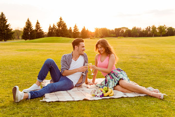 Cheers! Young man and woman at picnic