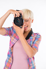 beautiful girl smiling and photographing