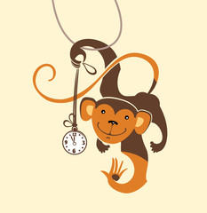 Funny monkey dabbles with the clock. Vector illustration.