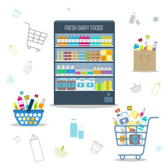 Supermarket shelves with dairy products.