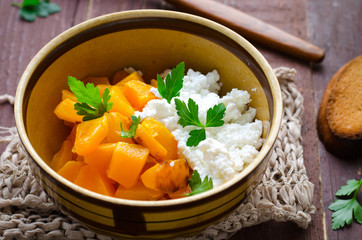 Grilled pumpkin with homemade cheese and herbs