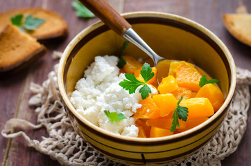 Grilled pumpkin with homemade cheese and herbs