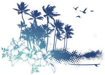 summer scene with palms and hibiscus - obrazy, fototapety, plakaty
