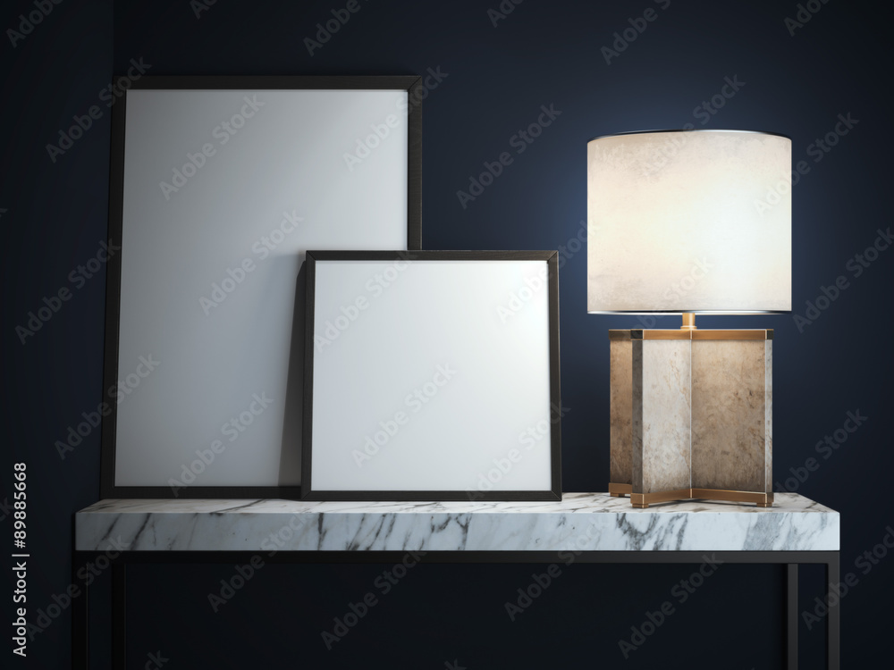Poster marble table with two blank frames. 3d rendering