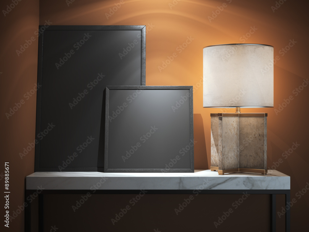 Poster marble table with two blank frames. 3d rendering