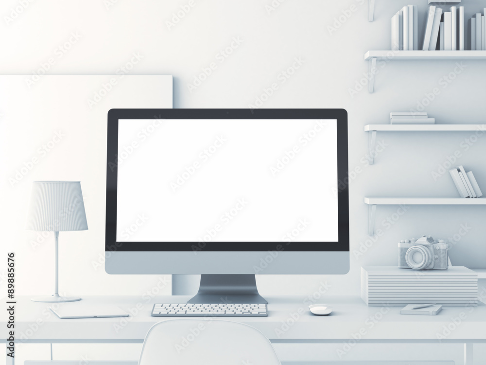 Poster abstract white modern workspace. 3d rendering