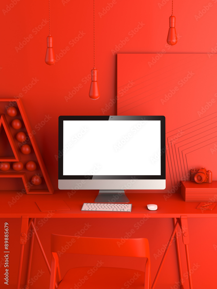 Poster abstract red modern workspace. 3d rendering