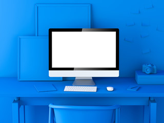 Abstract blue modern workspace. 3d rendering