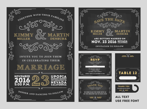 Vintage Chalkboard Wedding Invitations design sets include Invitation card, Save the date card, RSVP card, Thank you card, Table number, Gift tags, Place cards, Save the date door hanger