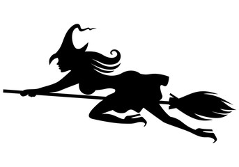 Silhouette witch on broomstick flying fast
