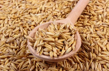 Gordijnen Organic oat grains with wooden spoon, healthy nutrition © ratmaner