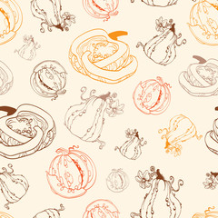 Vector Vintage Thanksgiving Pumpkins Drawing Seamless Pattern