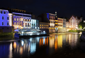 Night view on the centre of Opole city, and Odra river
