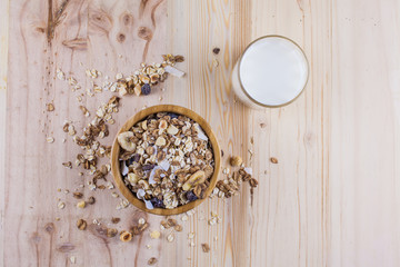 Dry corn flakes and muesli and glass of milk on the table. Top view