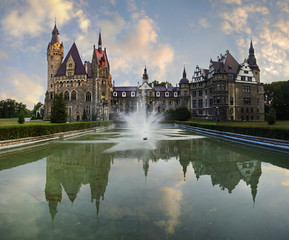 Fabulous castle in Moszna in the evening, near Opole, Poland