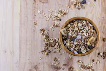 Dry corn flakes and muesli on the table. Top view