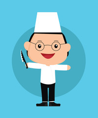 Chef kids using hat and knife vector flat illustration