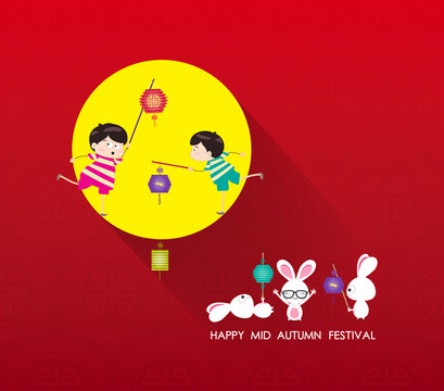 Mid Autumn Festival background with lantern, rabbit and full moon