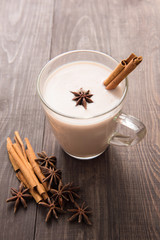 Masala chai with spices cinnamon , cardamom, ginger, clove and s