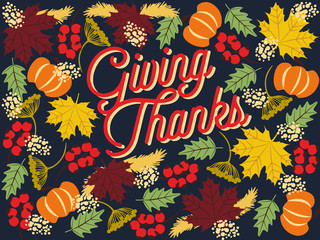 Thanksgiving card with berries and pumpkins. Vector. 