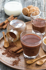 glass of cocoa with spices on a wooden tray, top view, vertical