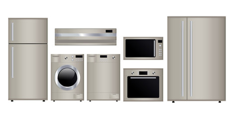 Home appliances. Set of household kitchen technics: Microwave and electric Oven, Dishwasher, refrigerator, coffee machine, split-system, washing machine.