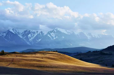 Foto op Aluminium Beautiful evening landscape with sunny valley and snowy mountains in the distance © Alex_Po