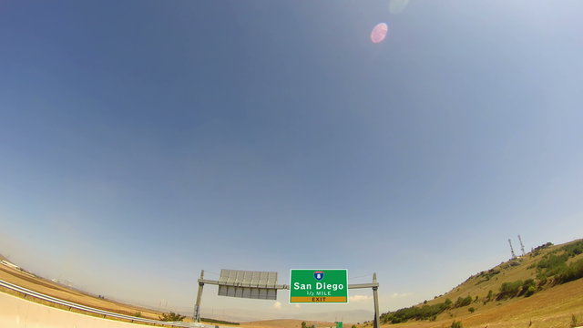 4K Driving on Highway/interstate,  Exit sign of the City Of San Diego, California