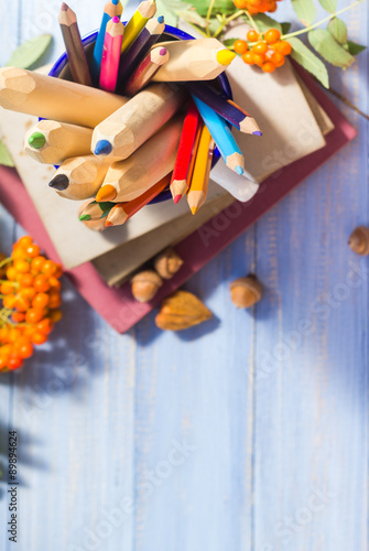 Pencils books concept back school autumn fruit