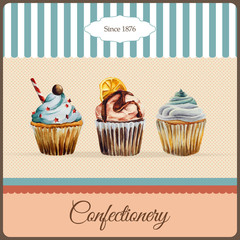 Confectionery advertisement with watercolor cupcakes