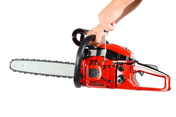 Naklejka premium Chainsaw in hand on white background.